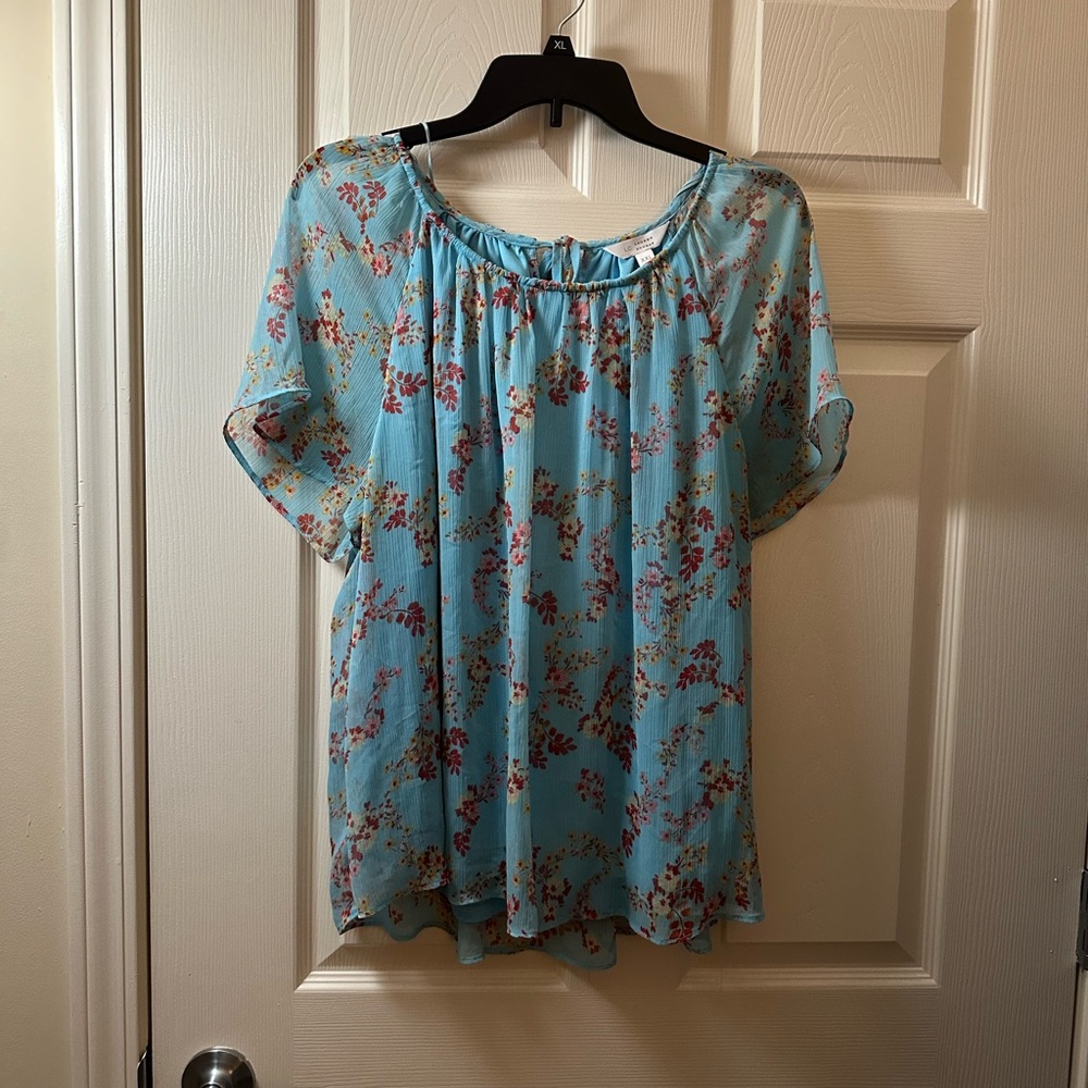 LC Lauren Conrad Light Blue Floral Blouse
